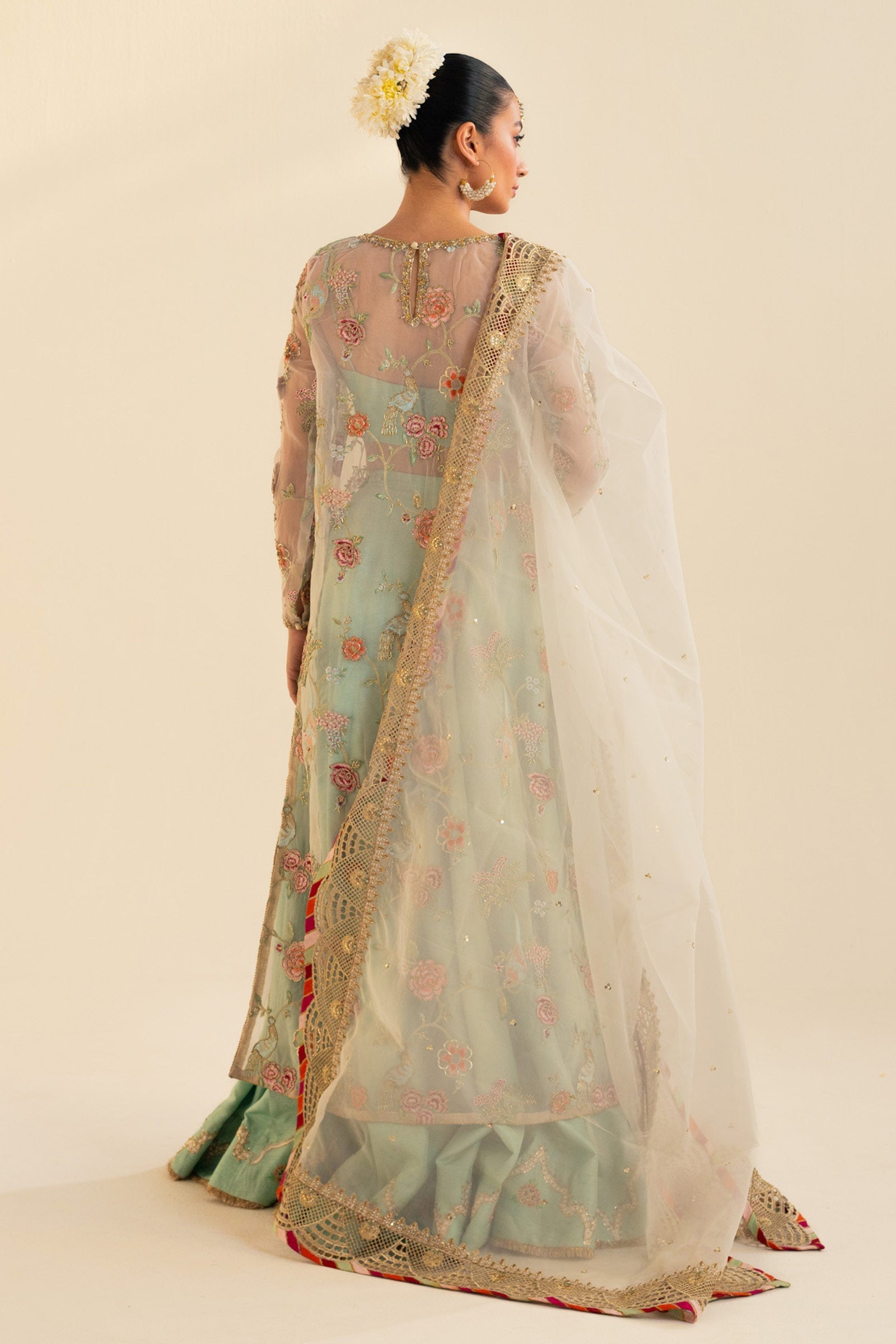 Pakistani Aqua Zardozi Naqshi Raw Silk Lehenga (3-Piece) - Image 8
