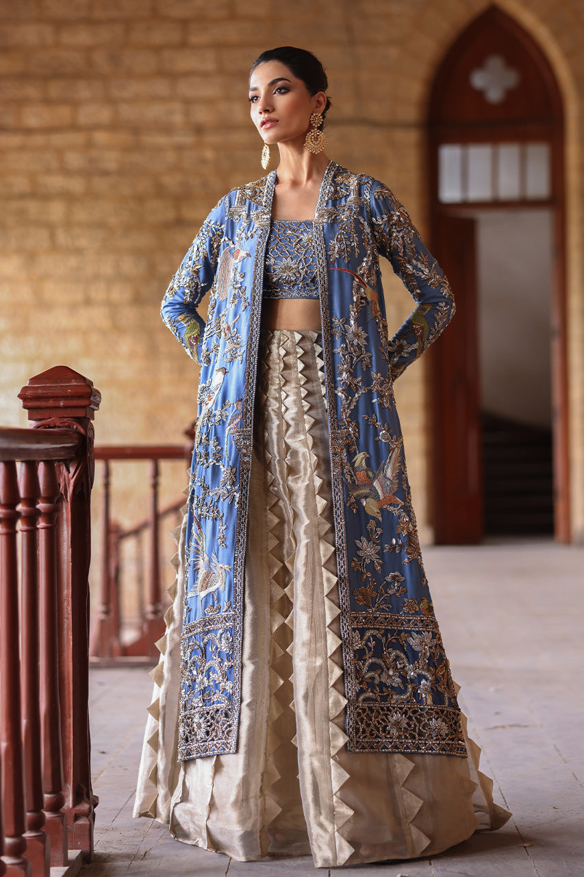 Pakistani Earthy Blue Zardozi Raw Silk Jacket & Gold Lehenga (3-Piece) - Image 1