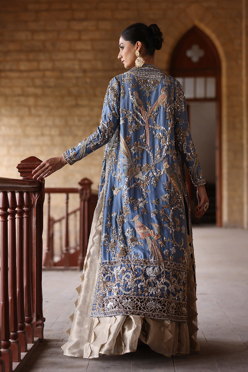 Earthy Blue Zardozi Raw Silk Jacket Lehenga (3-Piece) - Image 2