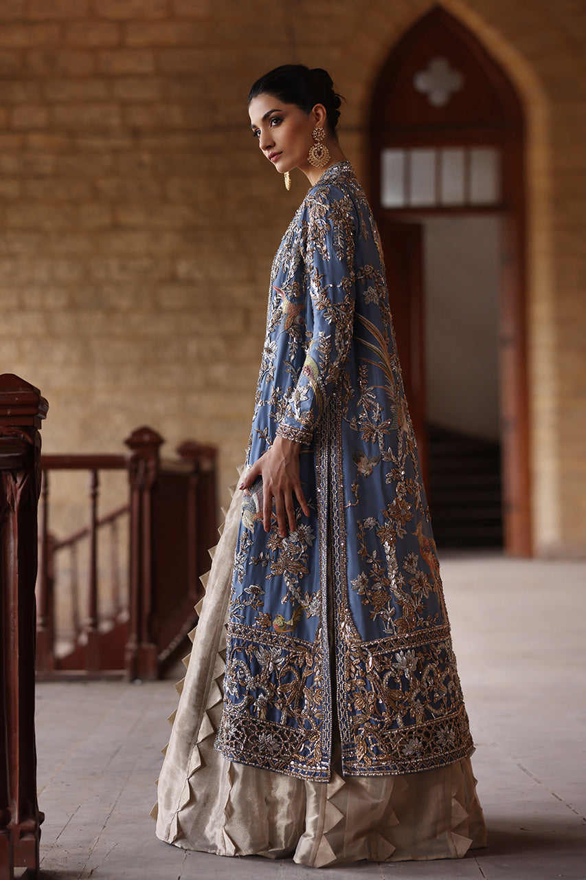 Earthy Blue Embellished Silk Jacket & Gold Lehenga (3-Piece) - Image 3