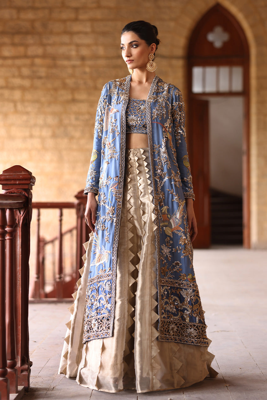 Earthy Blue Embellished Silk Jacket & Gold Lehenga (3-Piece) - Image 4
