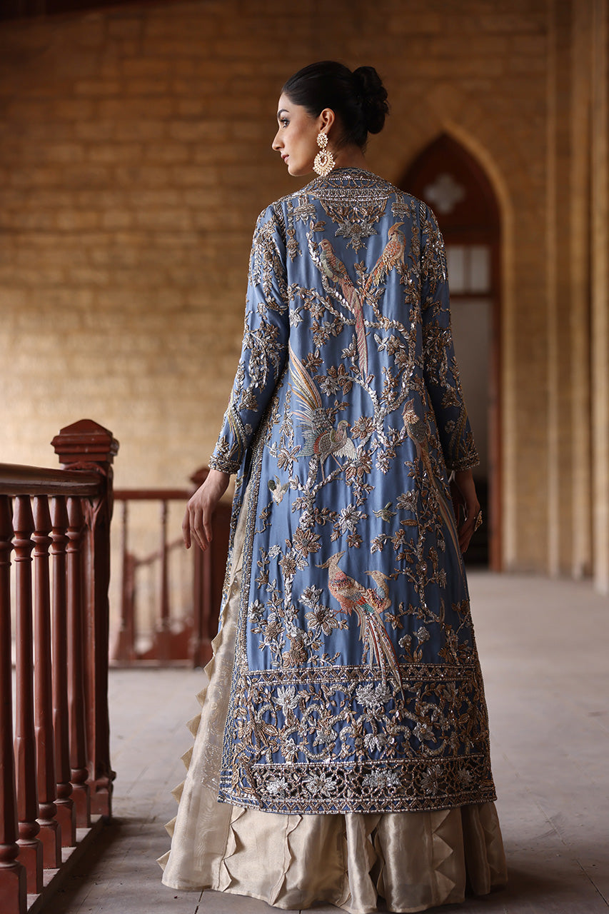 Earthy Blue Embellished Silk Jacket & Gold Lehenga (3-Piece) - Image 5