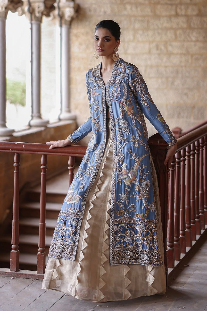 Earthy Blue Embellished Silk Jacket & Gold Lehenga (3-Piece) - Image 6