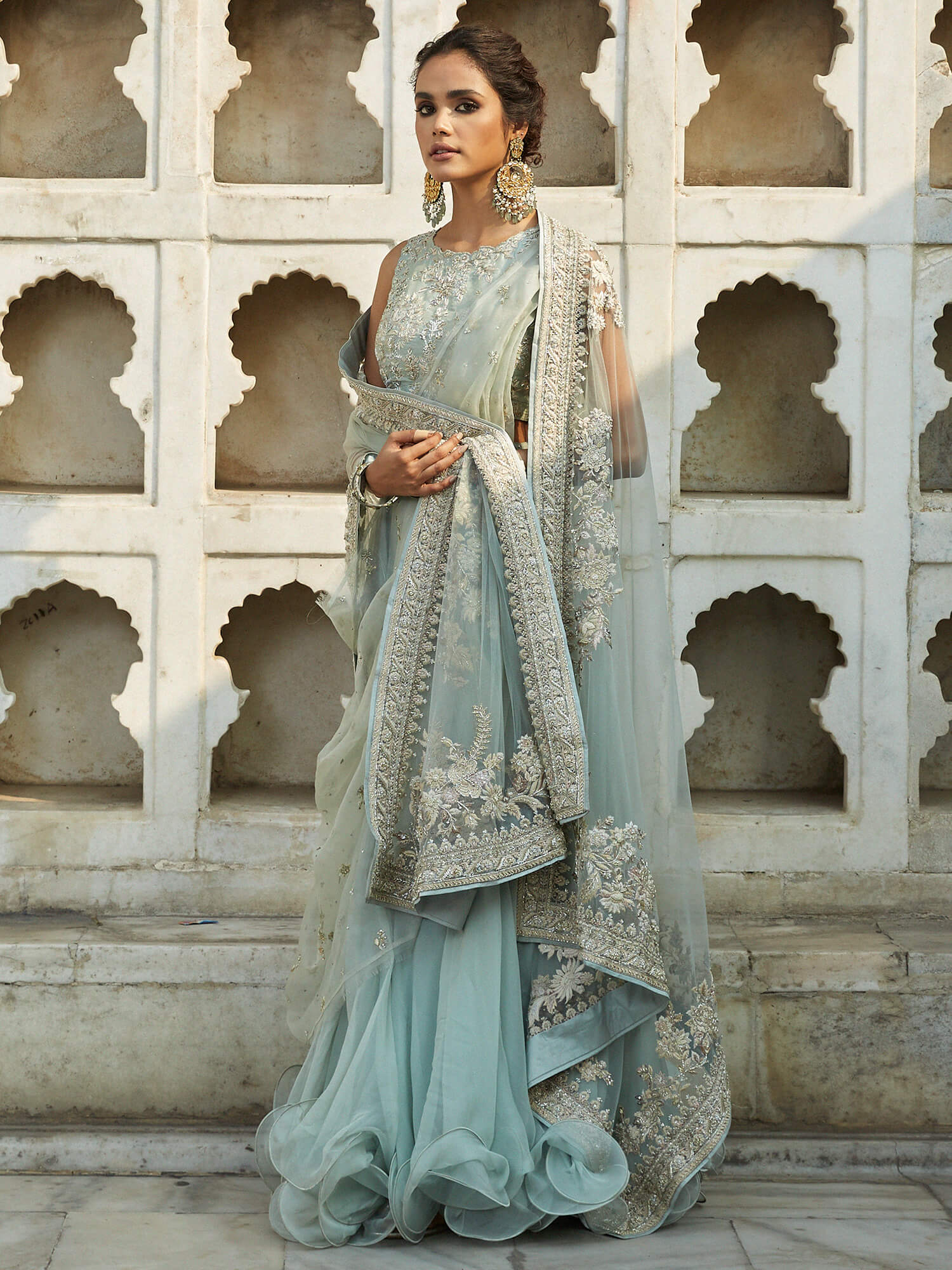 Aqua Zardozi Raw Silk Lehenga Set (3-Piece) - Image 1