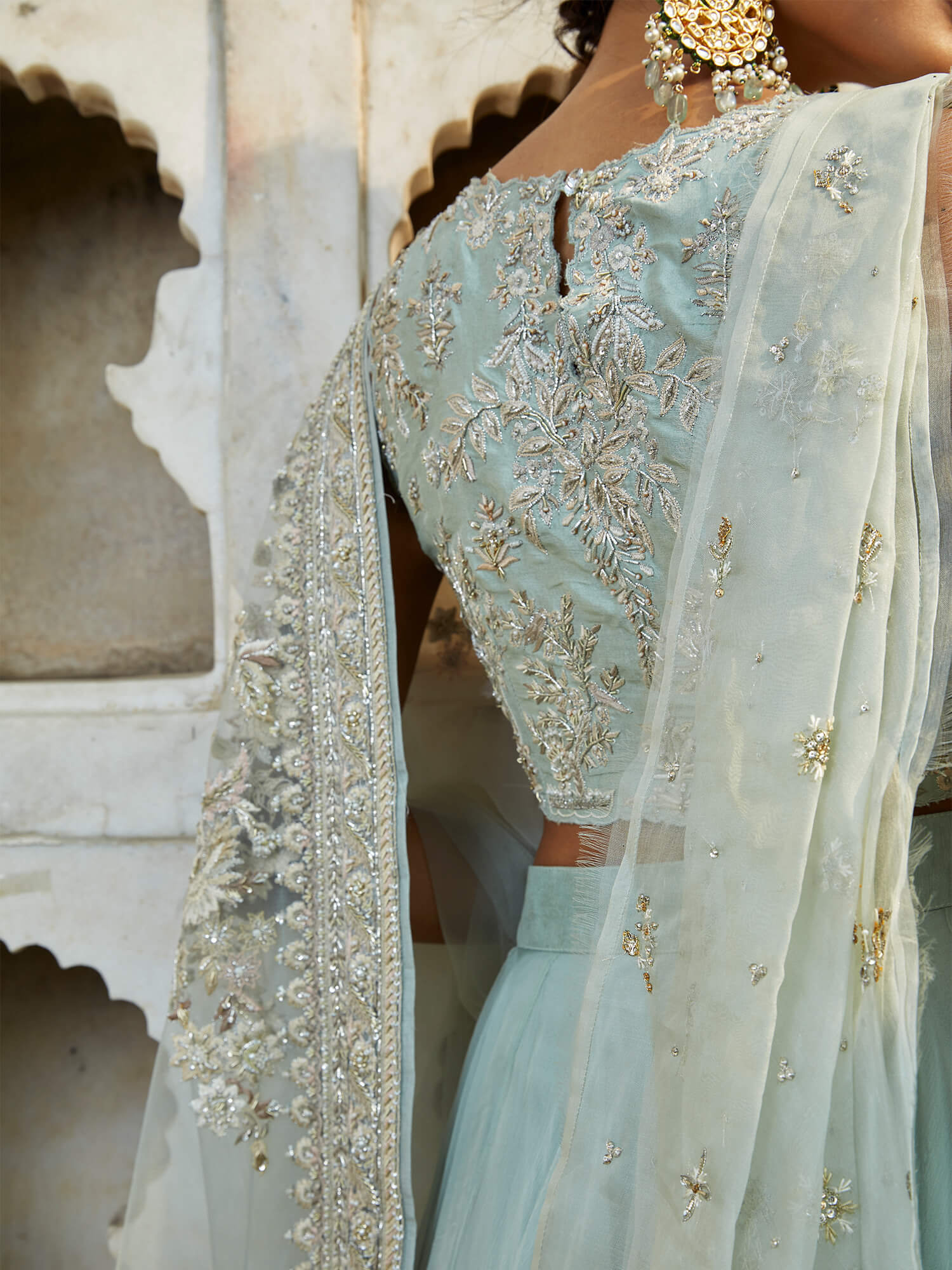 Aqua Zardozi Raw Silk Lehenga Set (3-Piece) - Image 2