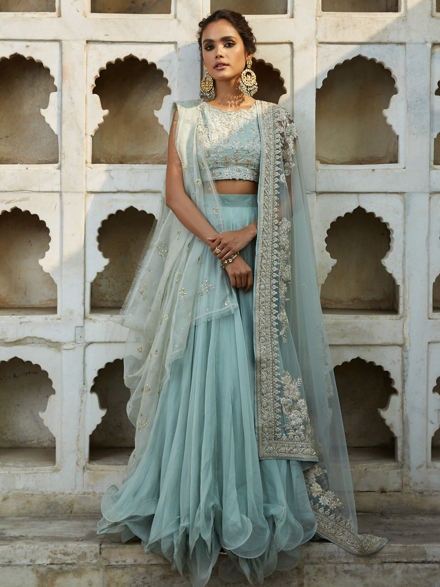 Aqua Zardozi Raw Silk Lehenga Set (3-Piece) - Image 3
