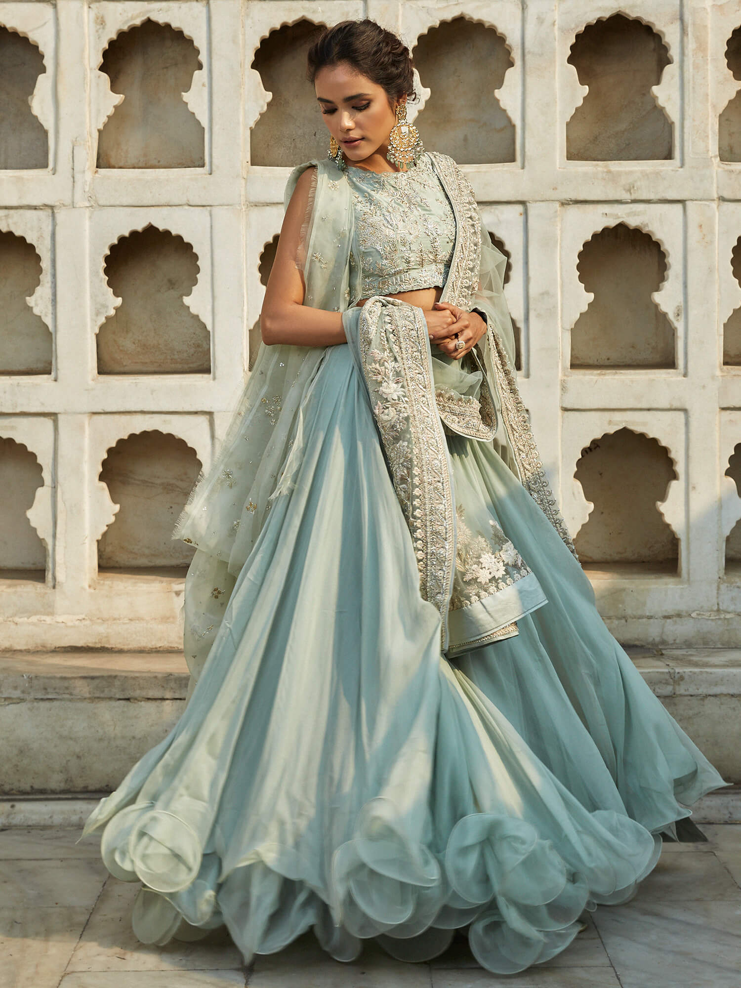 Aqua Zardozi Raw Silk Lehenga Set (3-Piece) - Image 4