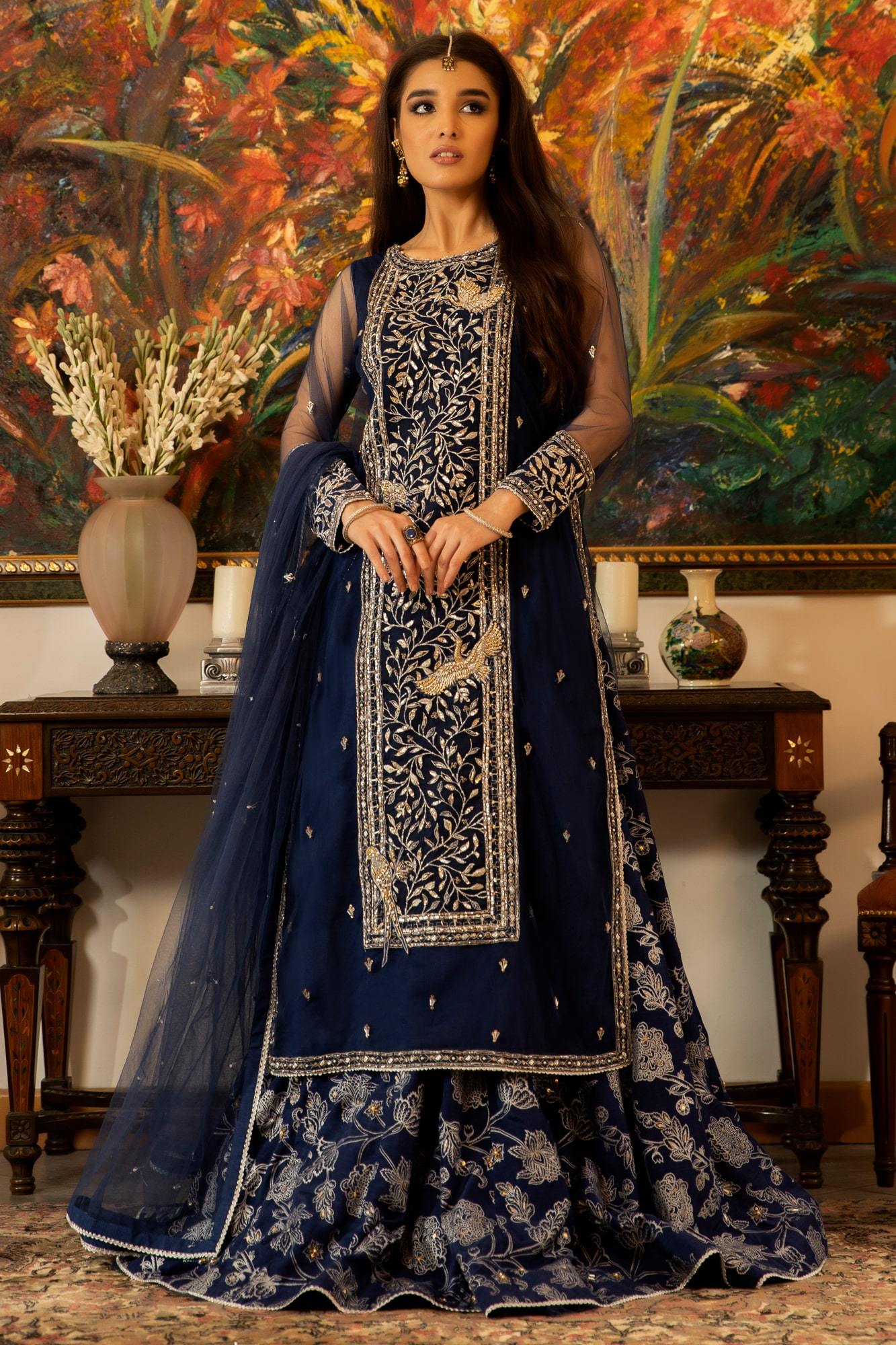 Pakistani Deep Blue Zardozi Embroidered Net & Silk Lehenga (3-Piece) - Image 2
