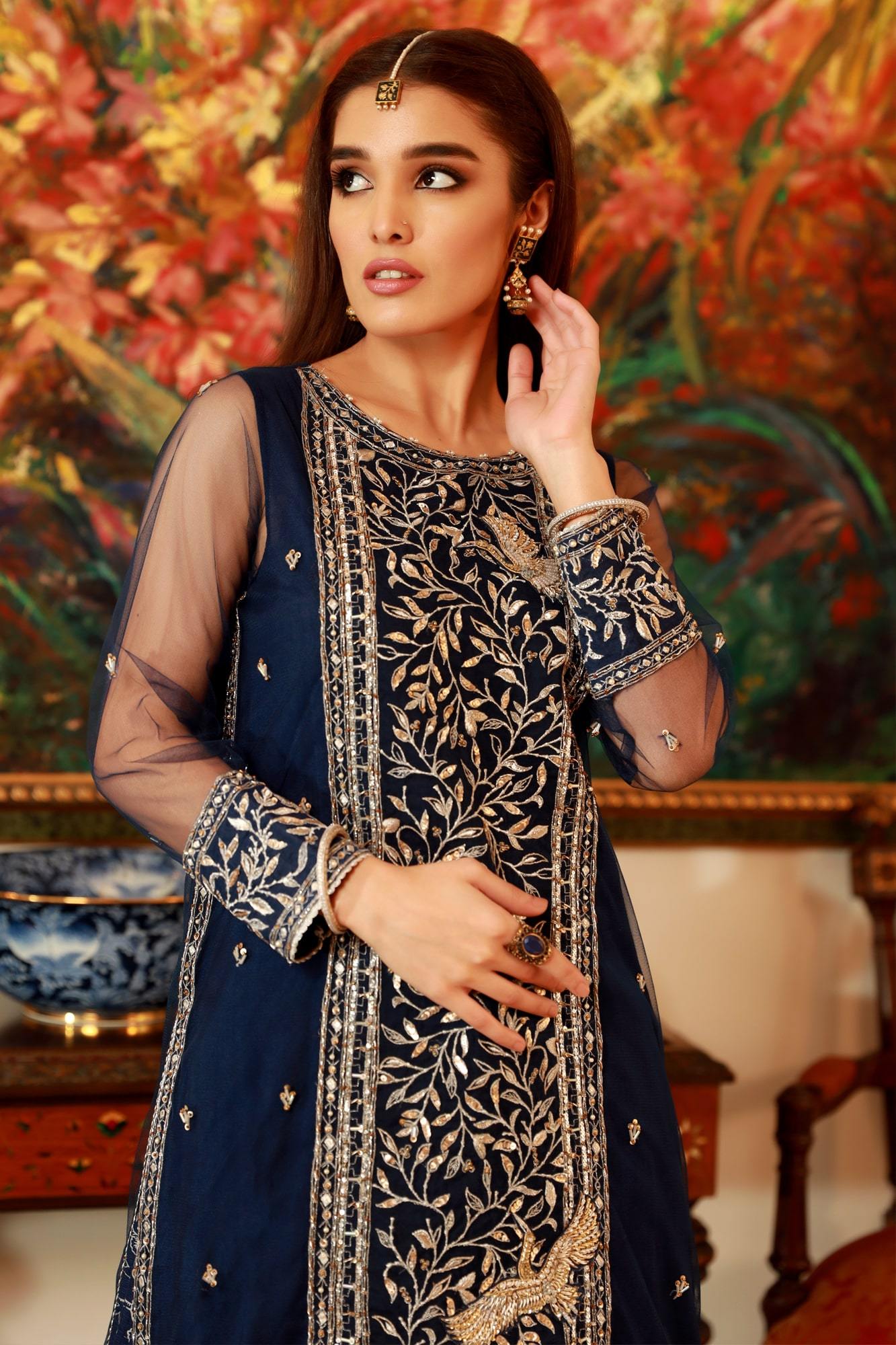 Pakistani Deep Blue Zardozi Embroidered Net & Silk Lehenga (3-Piece) - Image 6