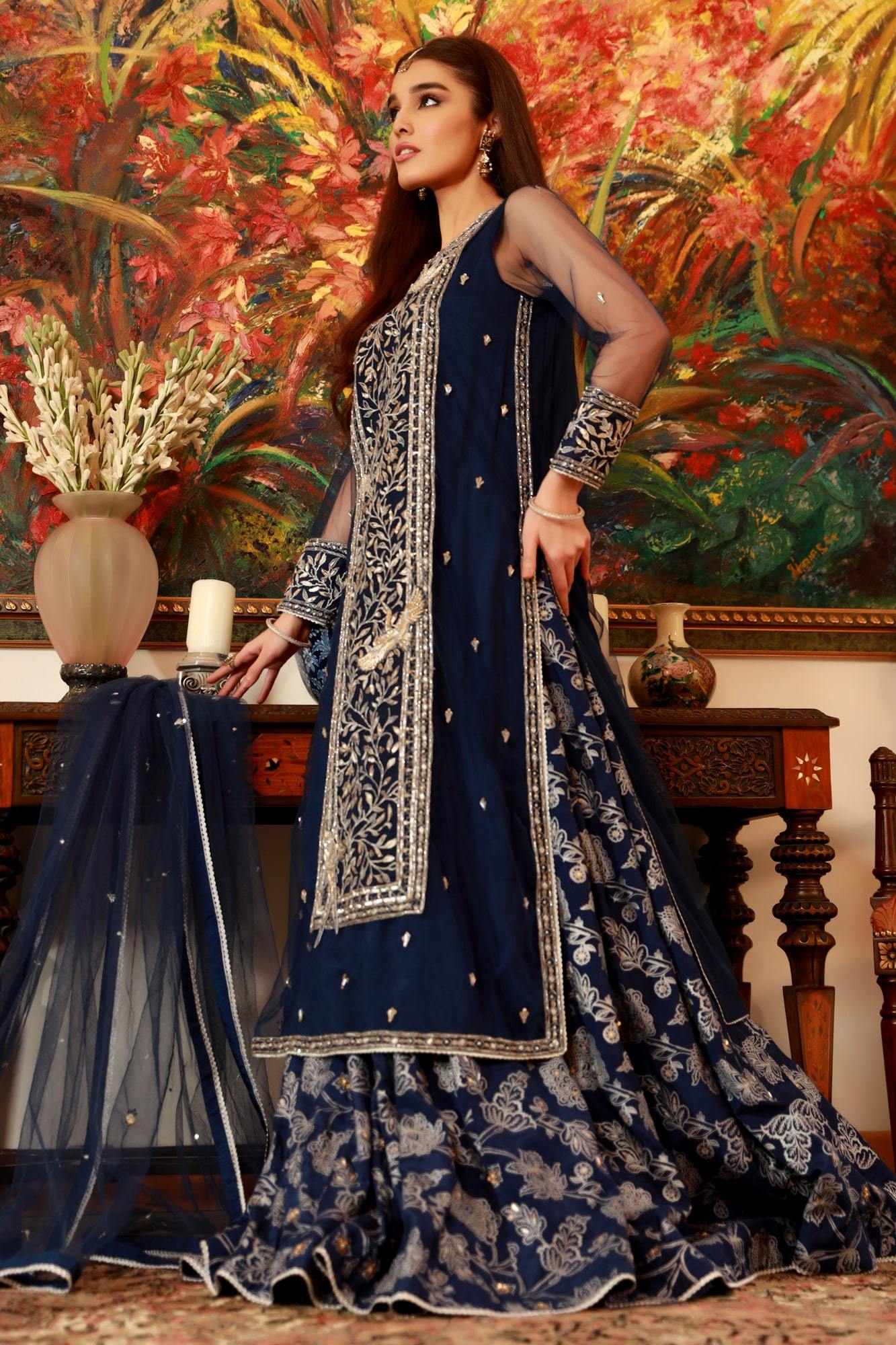 Blue Zardozi Embroidered Net & Raw Silk Lehenga (3-Piece) - Image 4