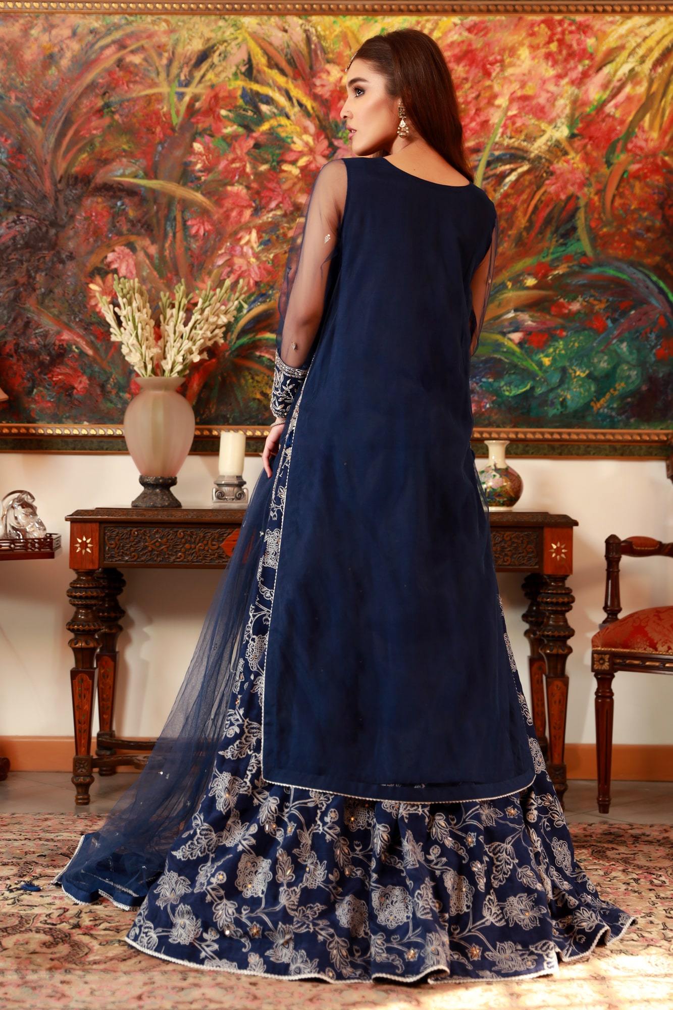 Blue Zardozi Embroidered Net & Raw Silk Lehenga (3-Piece) - Image 5