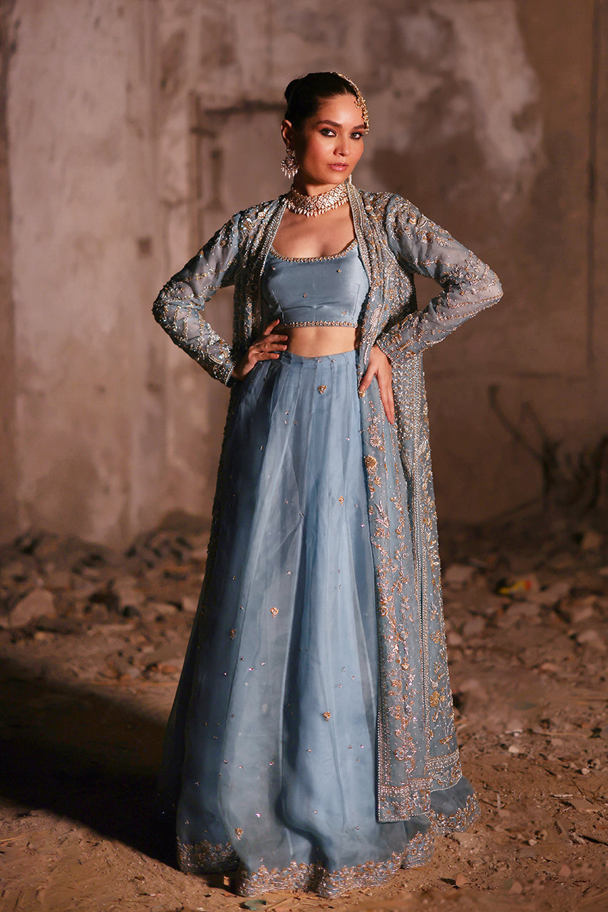 Indian Powder Blue Zardozi Raw Silk & Organza Lehenga (3-Piece) - Image 3