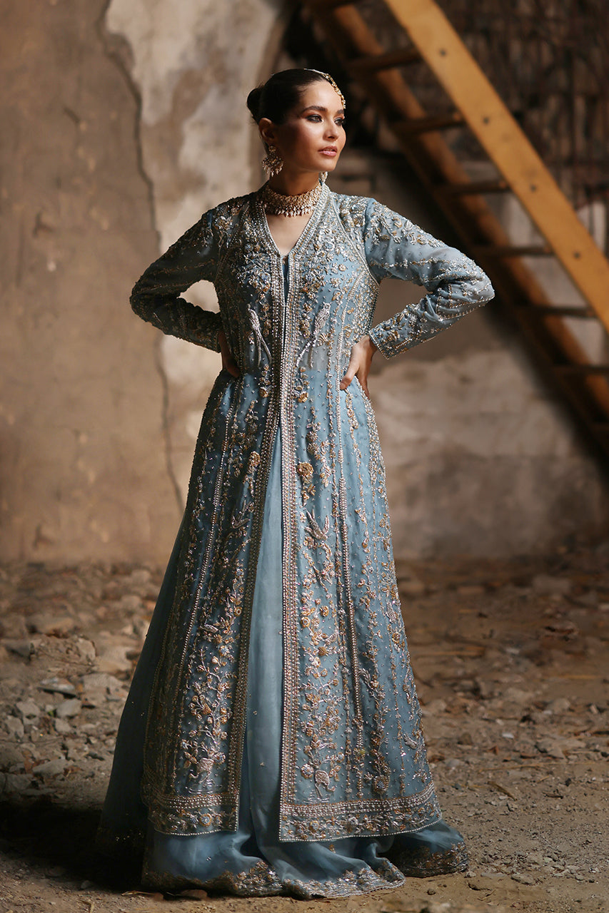 Indian Powder Blue Zardozi Raw Silk & Organza Lehenga (3-Piece) - Image 5