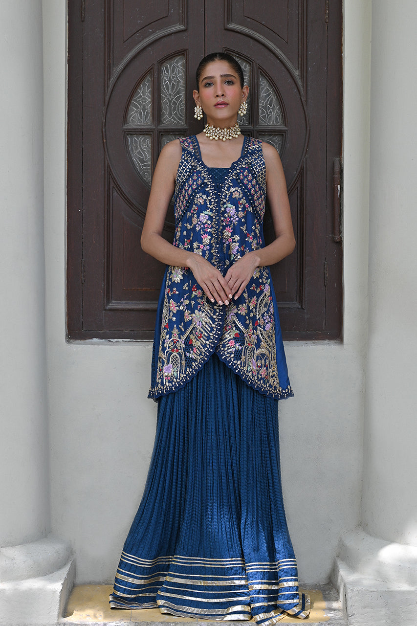 Pakistani Deep Blue Zardozi Raw Silk Lehenga (2-Piece) - Image 1