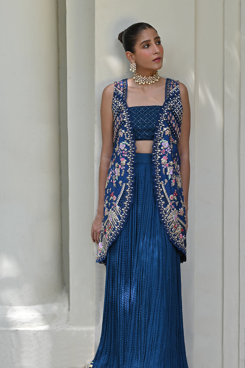 Pakistani Deep Blue Zardozi Raw Silk Lehenga (2-Piece) - Image 4