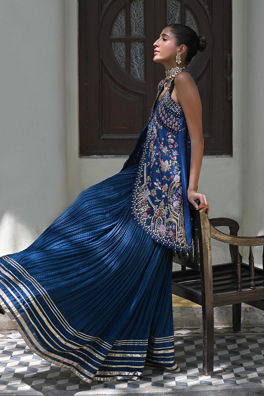 Pakistani Deep Blue Zardozi Raw Silk Lehenga (2-Piece) - Image 5