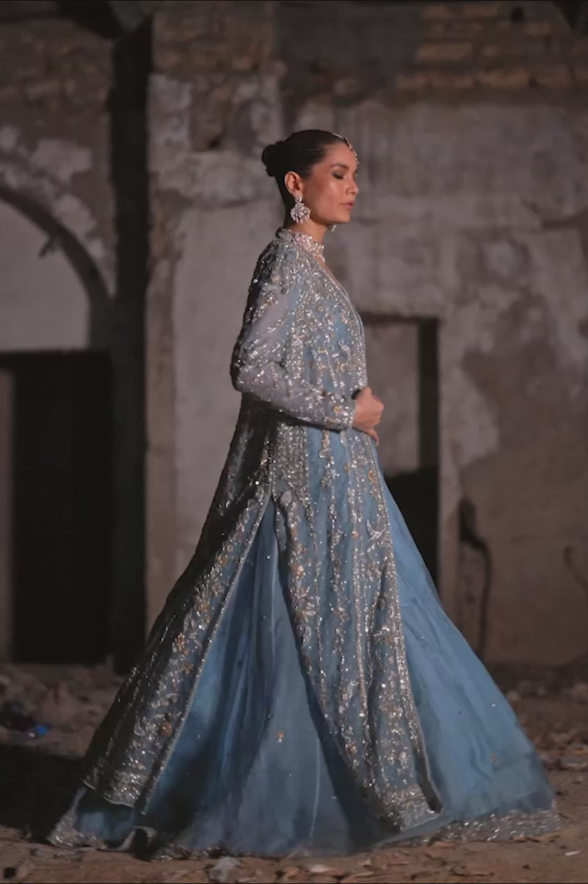 Powder Blue Zardozi Raw Silk & Organza Lehenga (3-Piece) - Image 7
