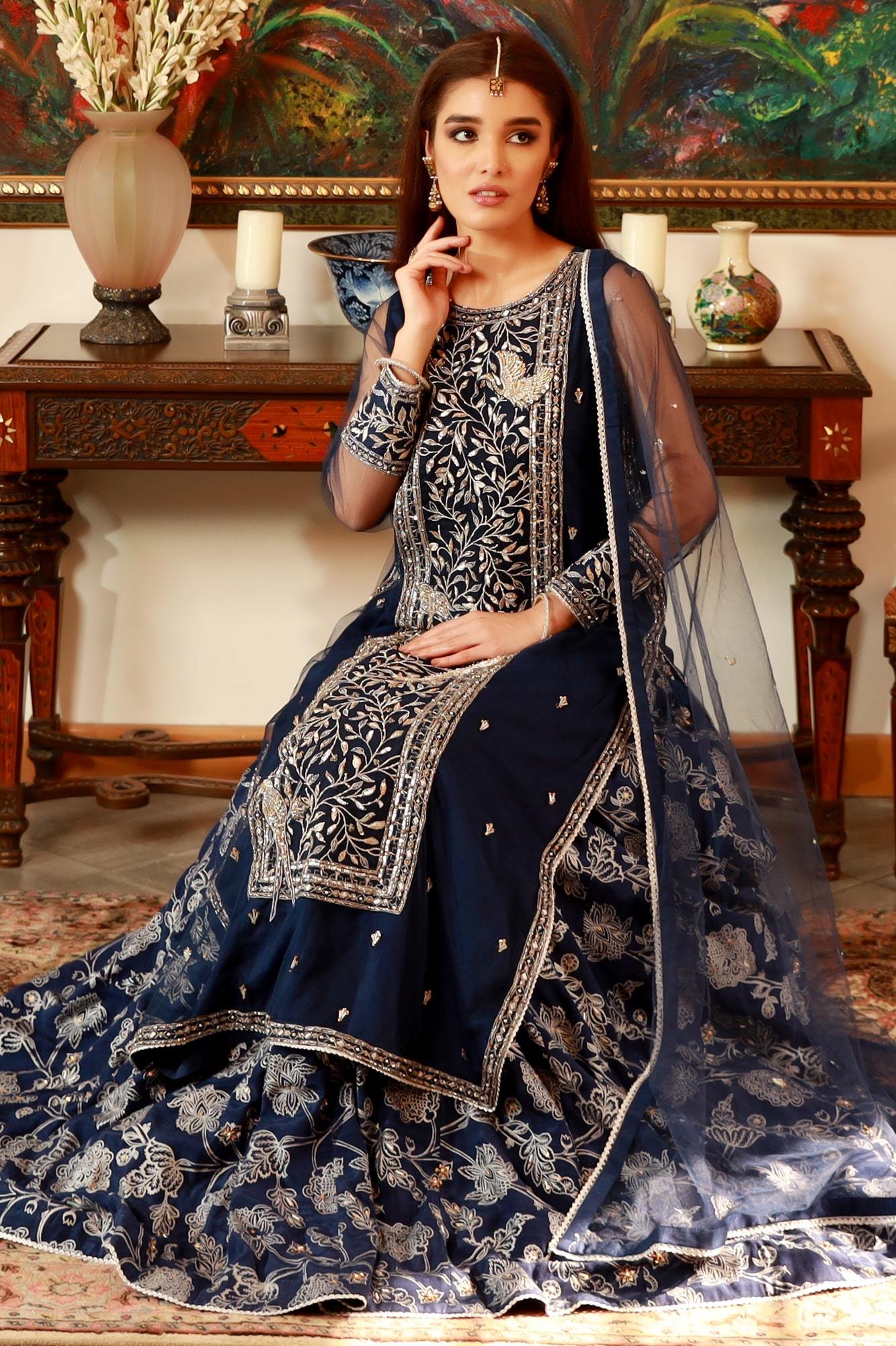 Blue Zardozi Embroidered Net & Silk Lehenga (3-Piece) - Image 3