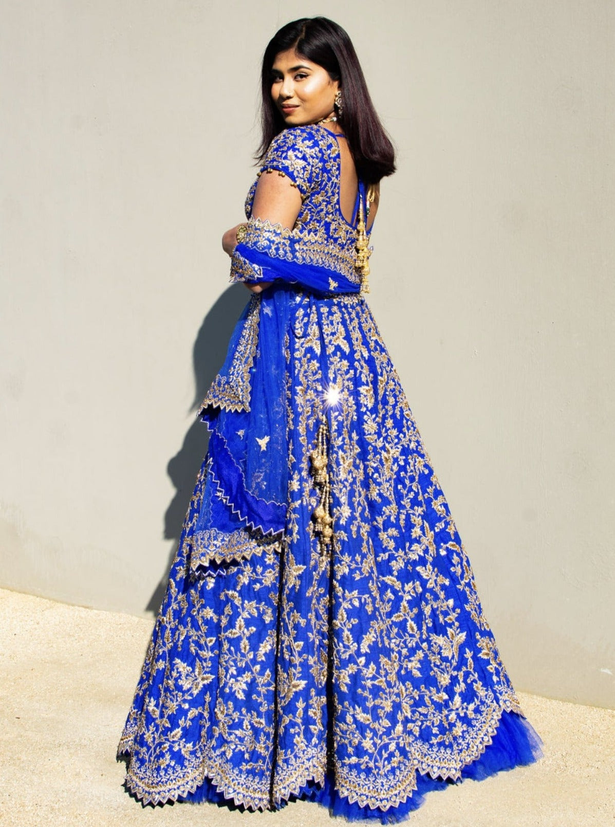 Indian Royal Blue Zari Sequinned Raw Silk Lehenga Choli (3-Piece) - Image 1