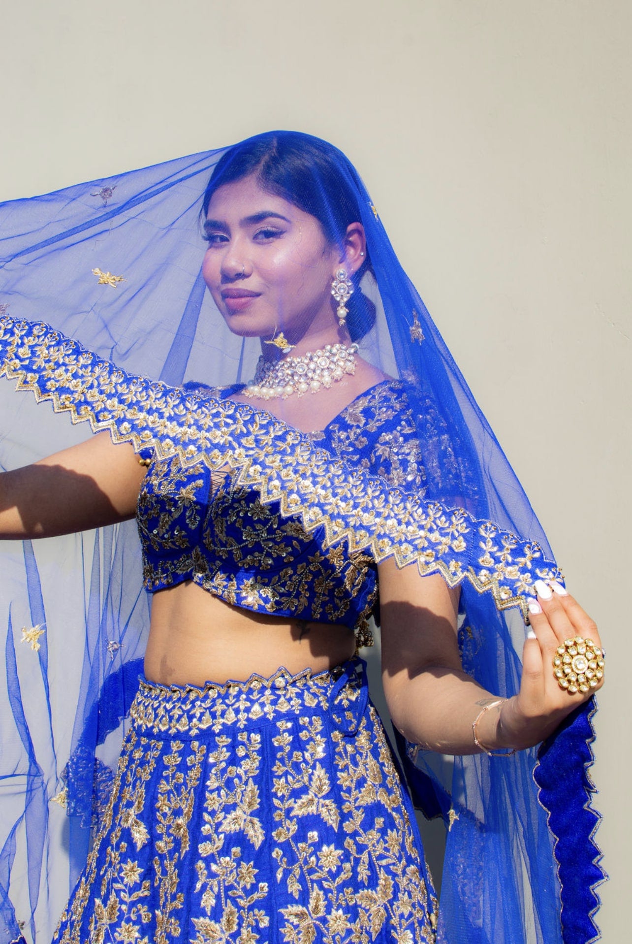 Indian Royal Blue Zari Sequinned Raw Silk Lehenga Choli (3-Piece) - Image 2