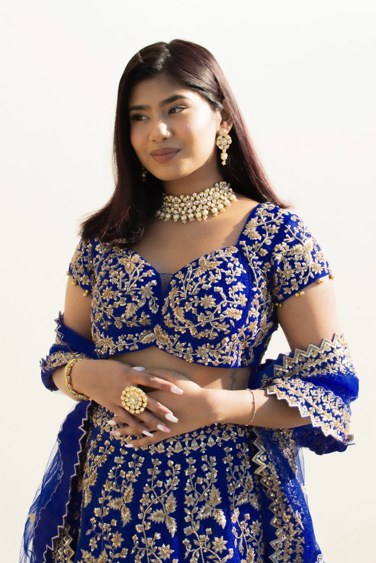 Indian Royal Blue Zari Sequinned Raw Silk Lehenga Choli (3-Piece) - Image 6