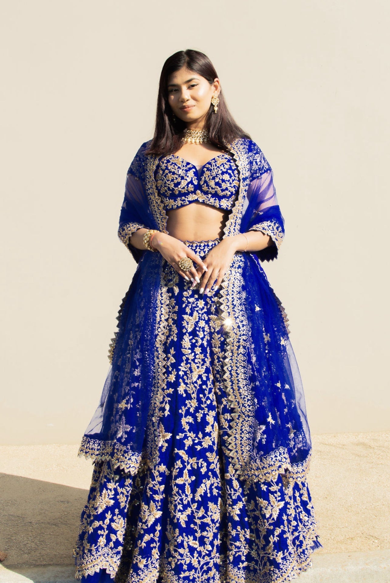 Indian Royal Blue Zari Sequinned Raw Silk Lehenga Choli (3-Piece) - Image 7