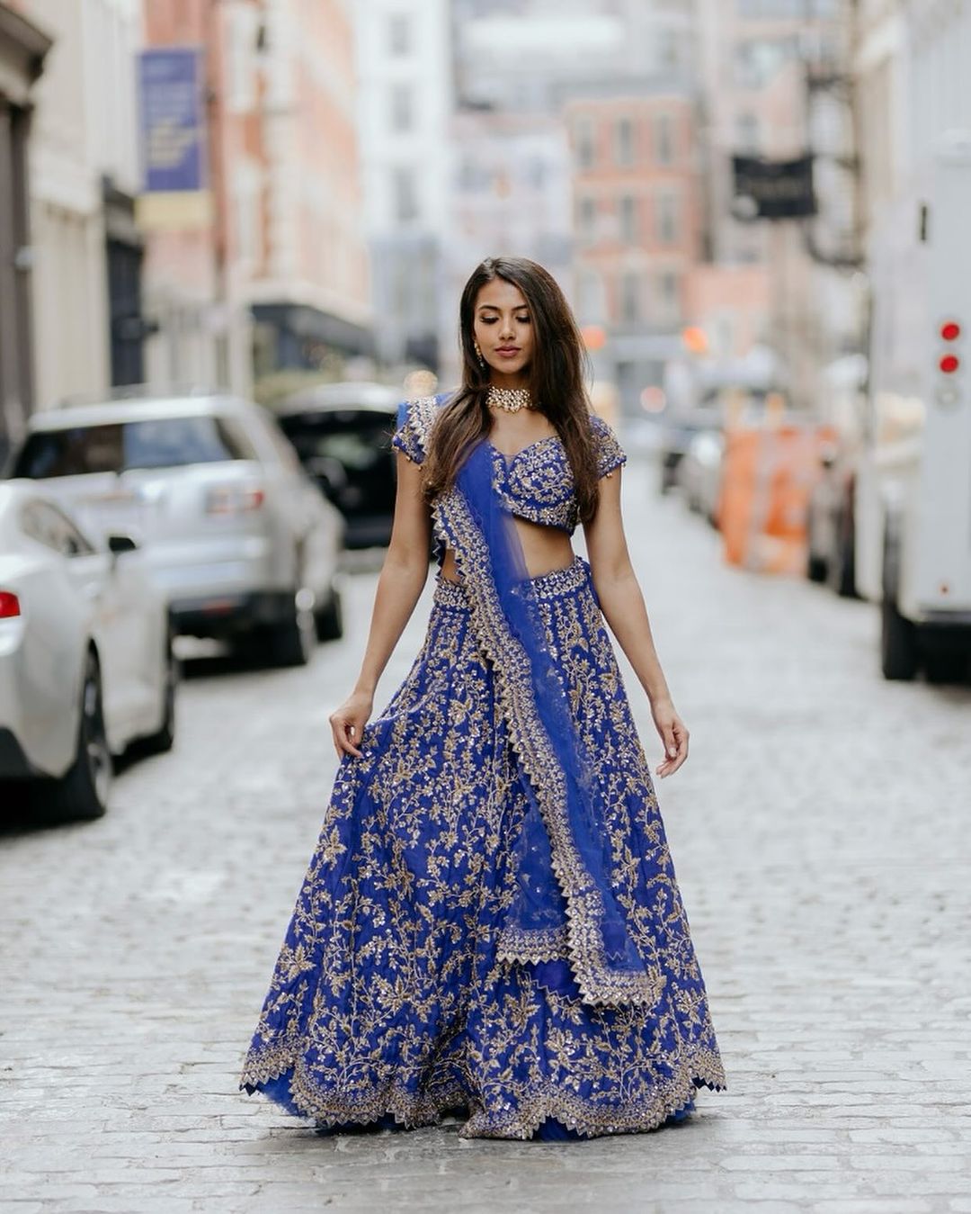 Indian Royal Blue Zari Sequinned Raw Silk Lehenga Choli (3-Piece) - Image 8