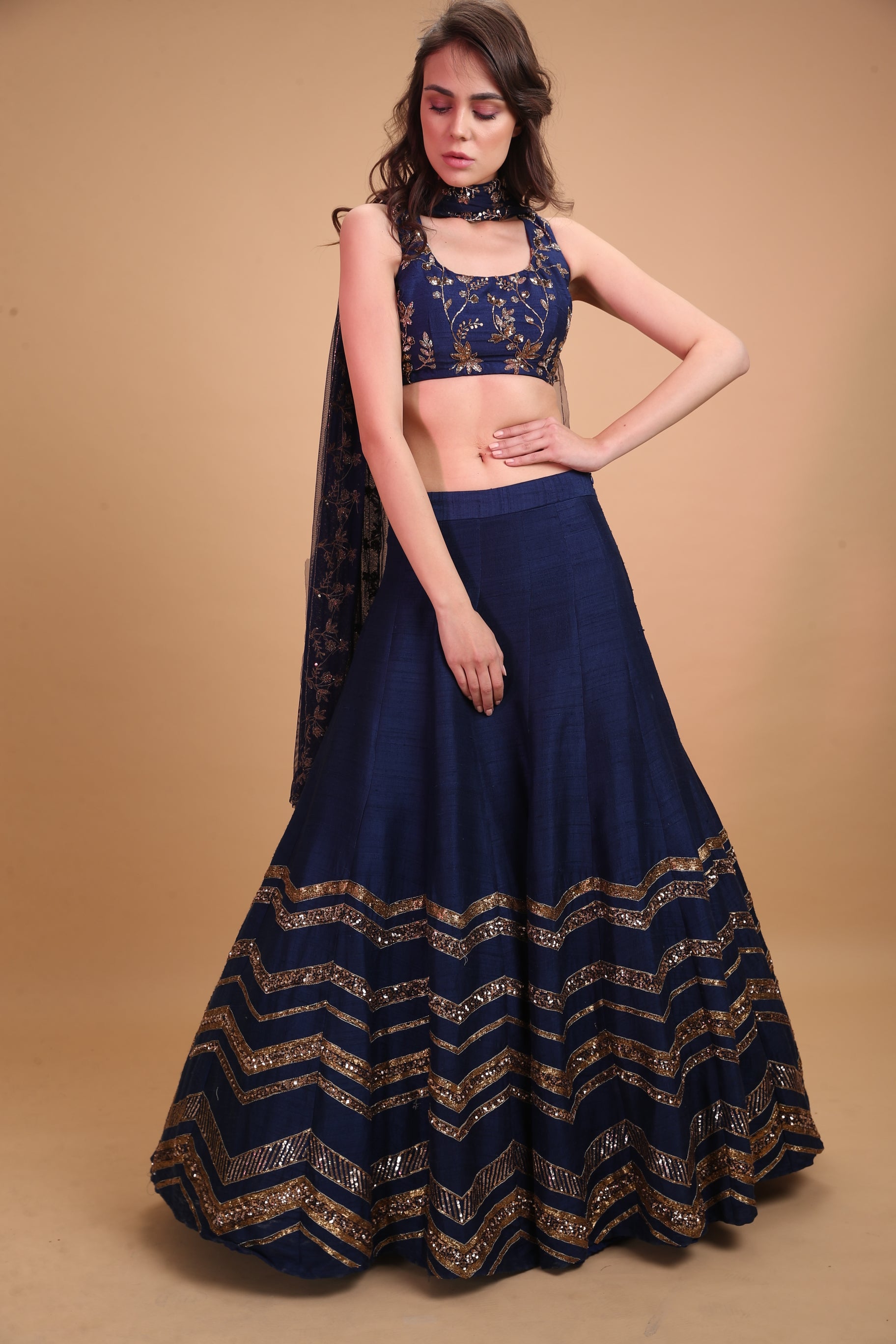 Indian Dark Blue Geometrical Zari Raw Silk Lehenga (3-Piece) - Image 1