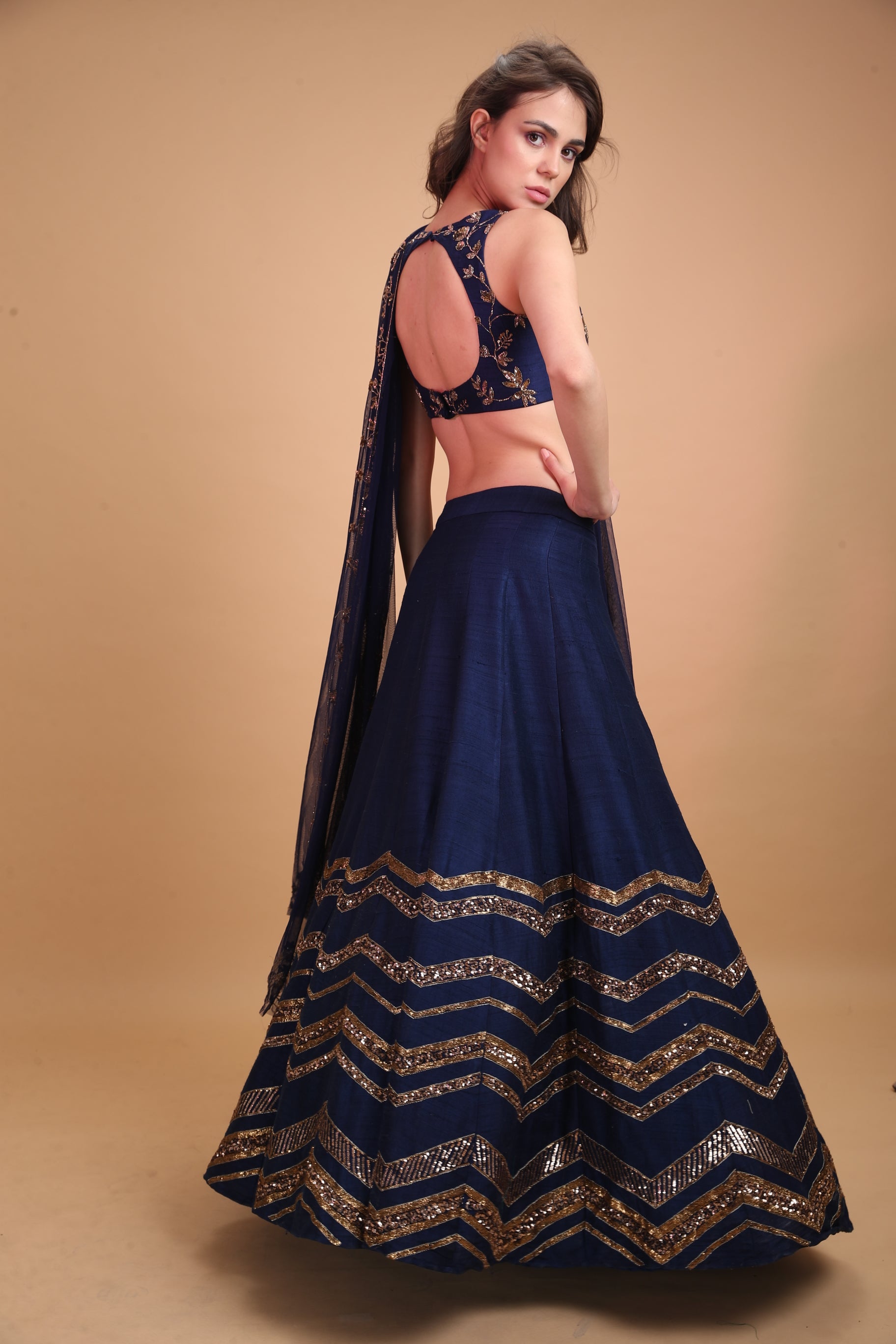 Indian Dark Blue Geometrical Zari Raw Silk Lehenga (3-Piece) - Image 2