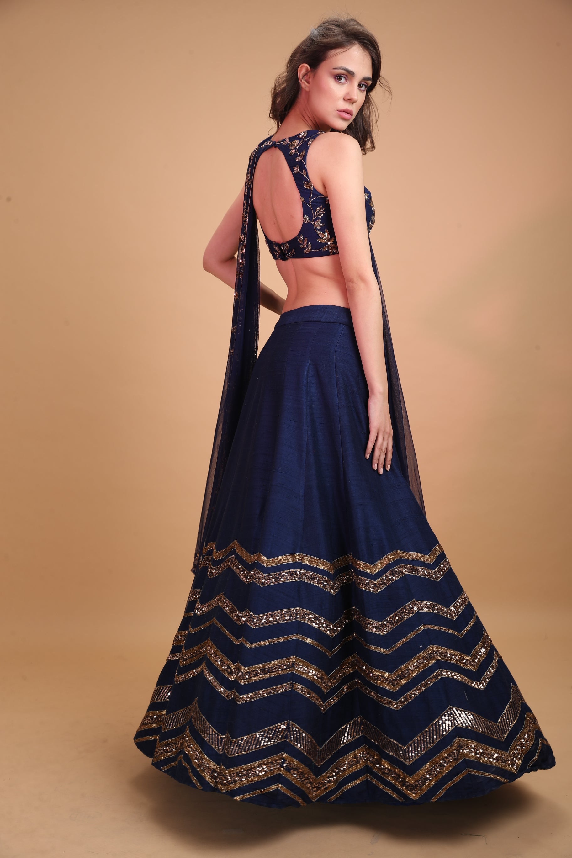 Indian Dark Blue Geometrical Zari Raw Silk Lehenga (3-Piece) - Image 3