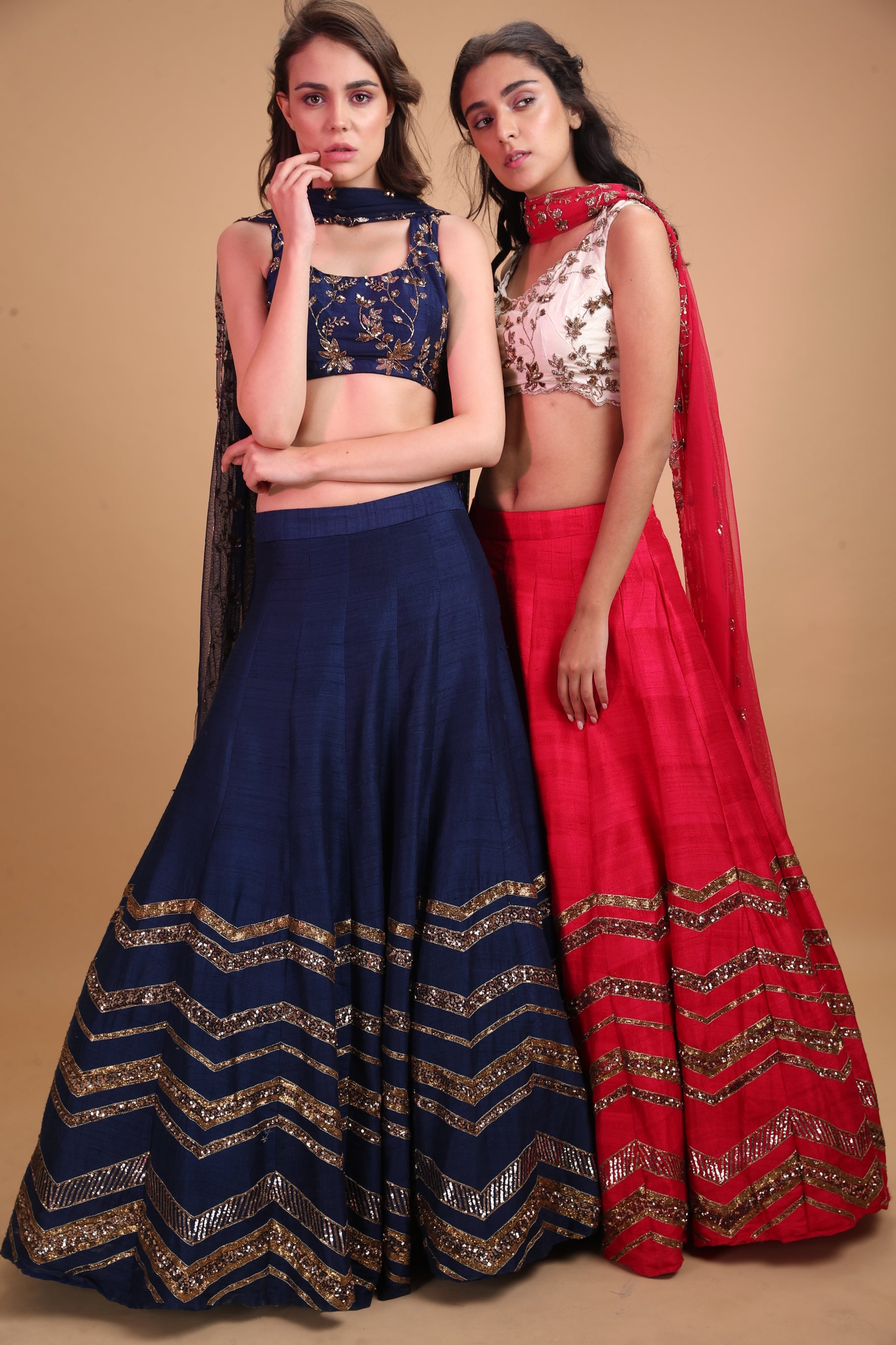 Indian Dark Blue Geometrical Zari Raw Silk Lehenga (3-Piece) - Image 4