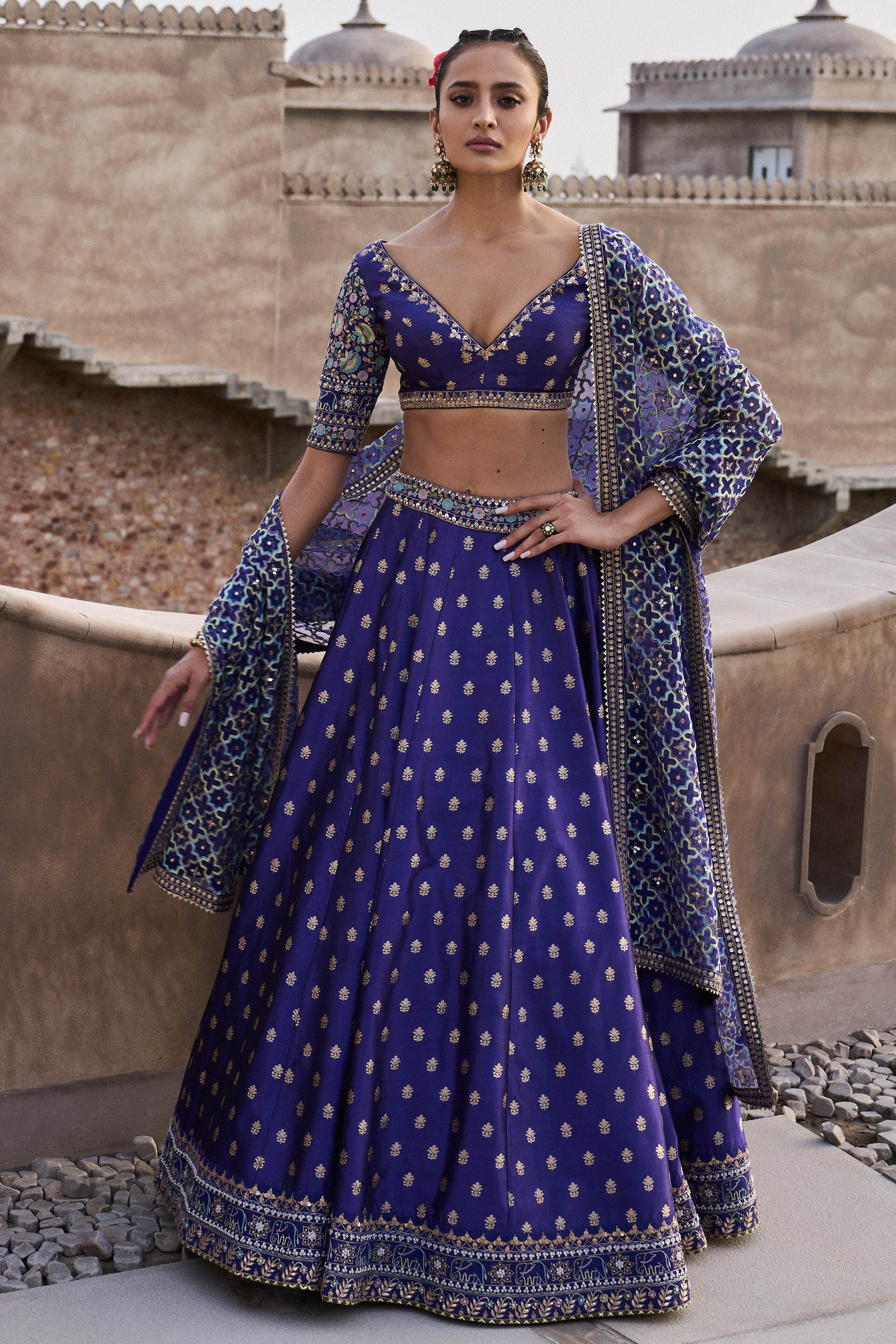 Electric Blue Ari Embroidered Silk Lehenga (3-Piece) - Image 1
