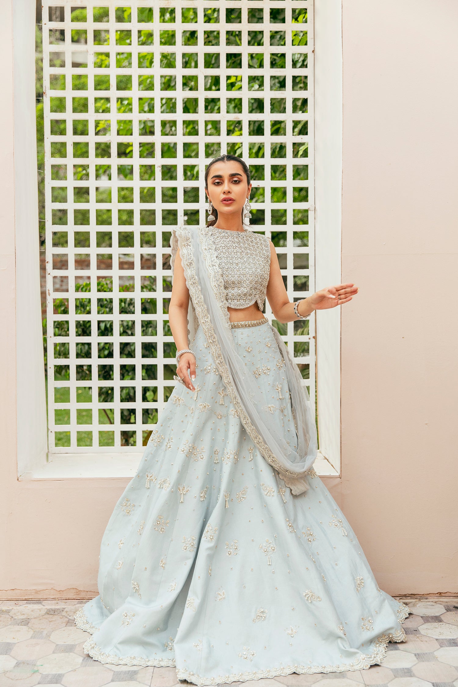 Pakistani Pale Blue Embellished Silk-Blend Lehenga Choli (3-Piece) - Image 1