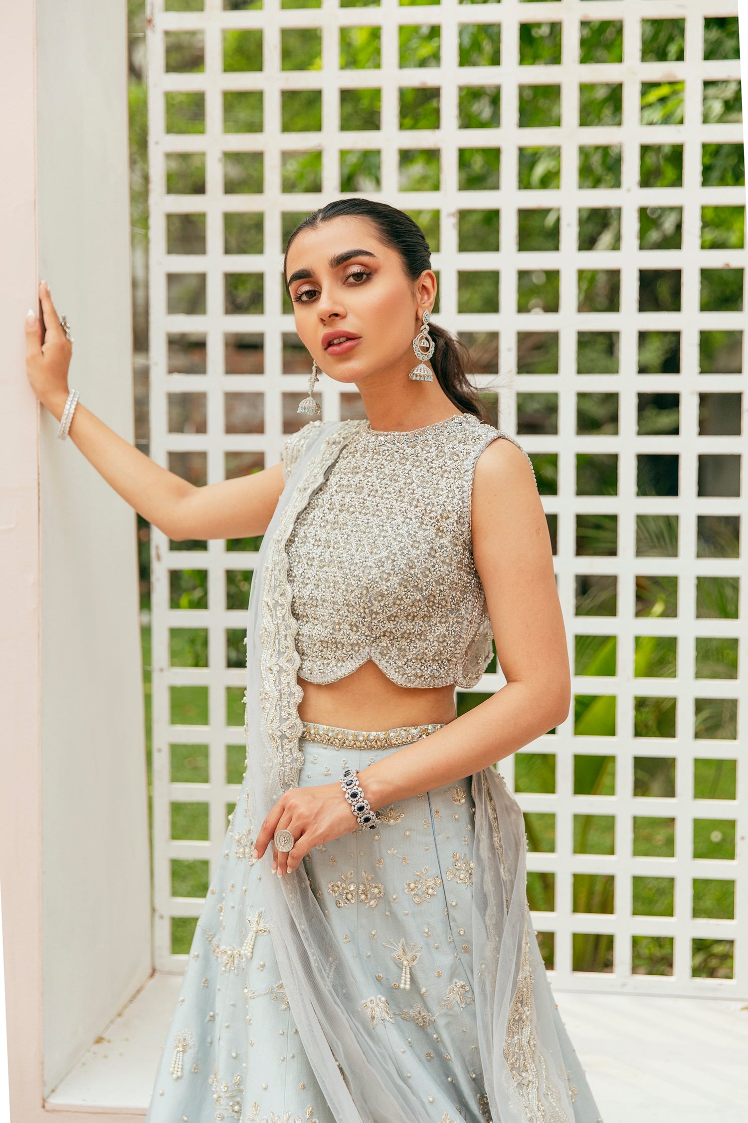 Pakistani Pale Blue Embellished Silk-Blend Lehenga Choli (3-Piece) - Image 2