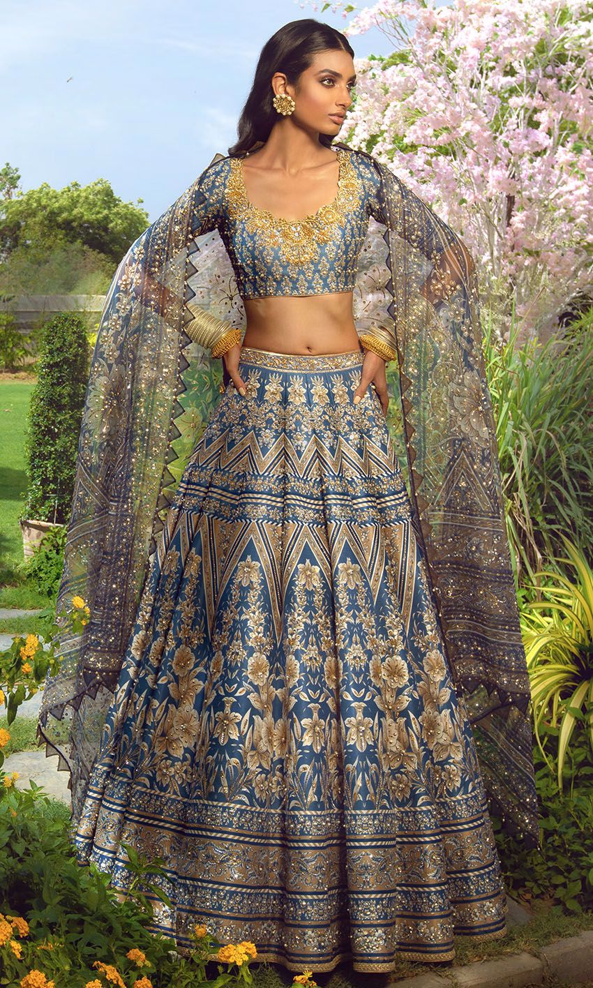 Grey-Blue Embroidered Silk-Blend Lehenga Choli (3-Piece) - Image 1