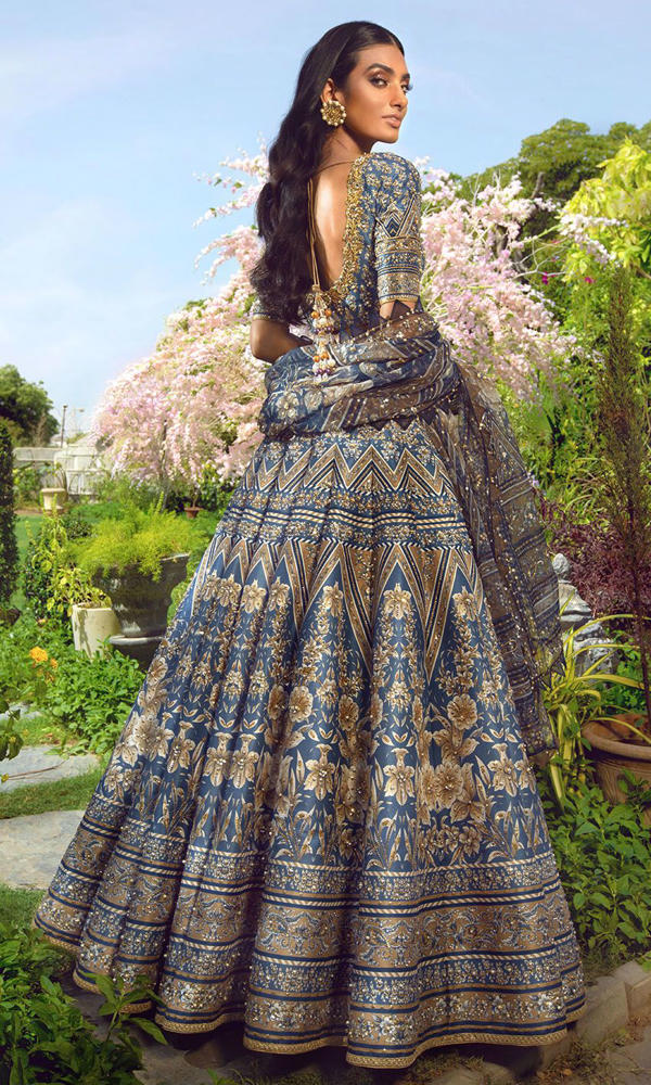 Grey-Blue Embroidered Silk-Blend Lehenga Choli (3-Piece) - Image 11