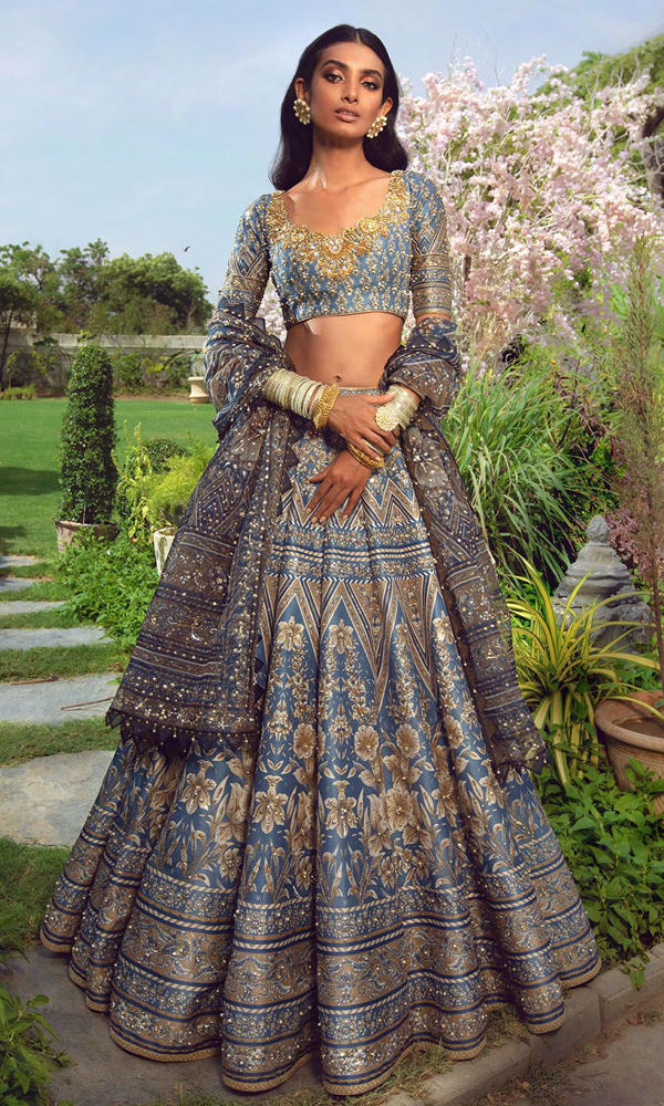 Grey-Blue Embroidered Silk-Blend Lehenga Choli (3-Piece) - Image 4