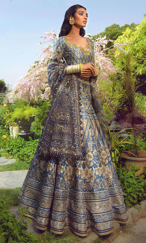 Grey-Blue Embroidered Silk-Blend Lehenga Choli (3-Piece) - Image 6