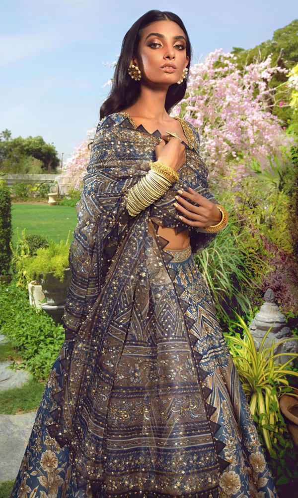 Grey-Blue Embroidered Silk-Blend Lehenga Choli (3-Piece) - Image 7