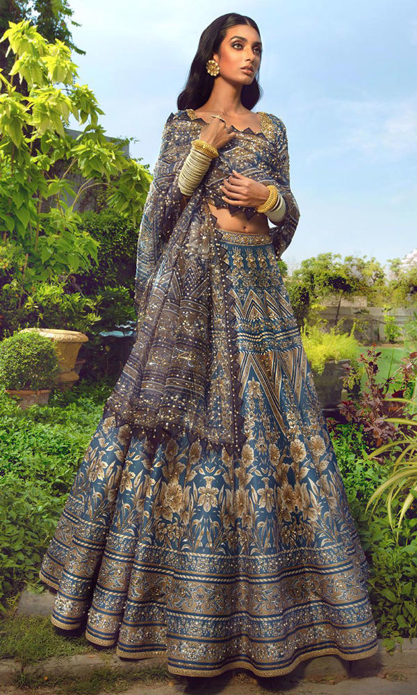 Grey-Blue Embroidered Silk-Blend Lehenga Choli (3-Piece) - Image 8