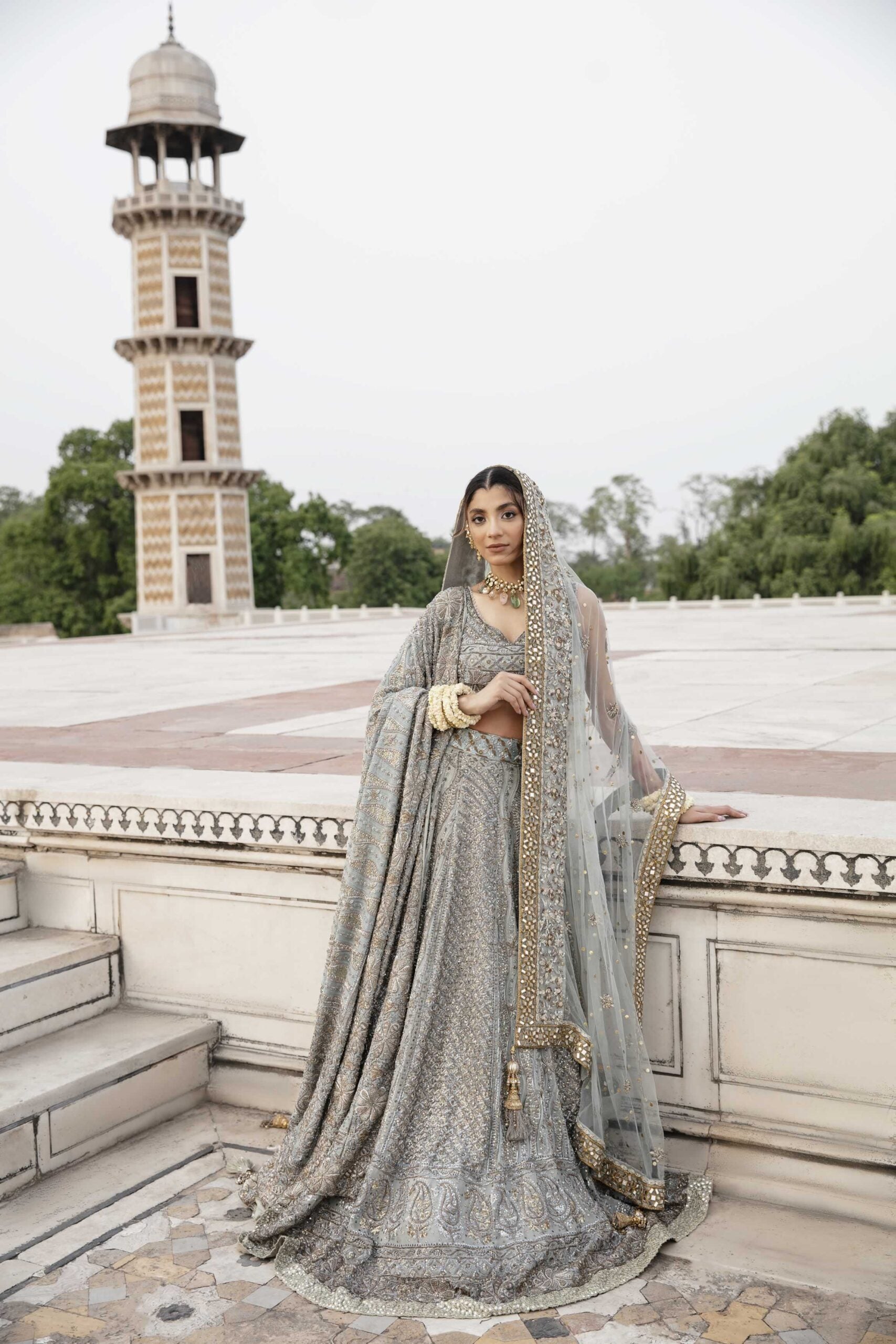 Pakistani Blush-Blue Lucknowi Chikan Kari Silk-Blend Lehenga Choli (3-Piece) - Image 2