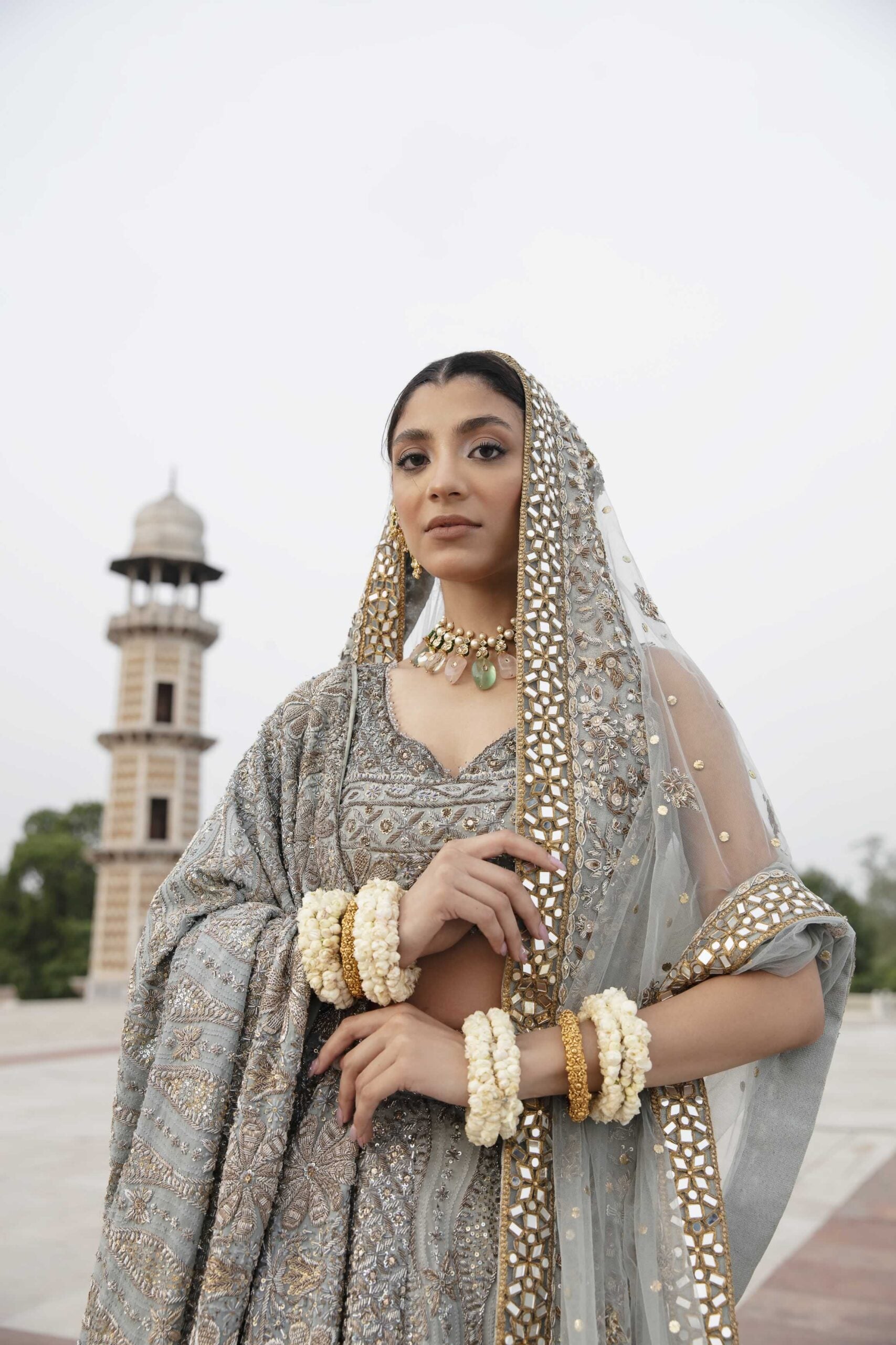 Pakistani Blush-Blue Lucknowi Chikan Kari Silk-Blend Lehenga Choli (3-Piece) - Image 3