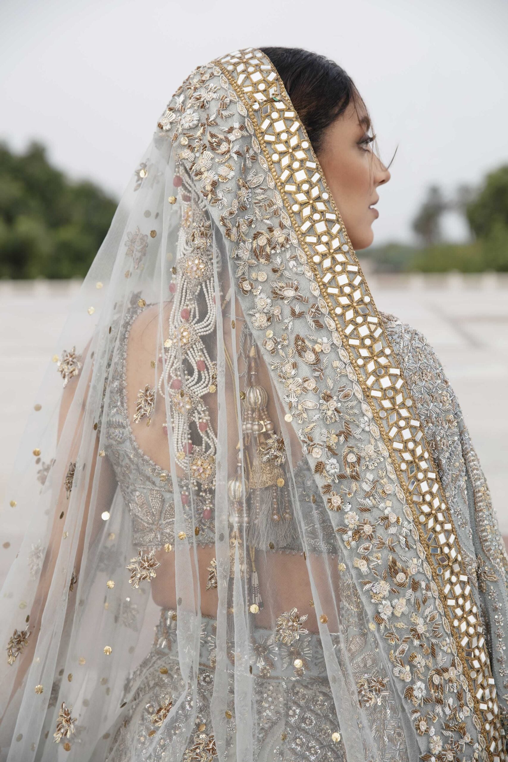 Pakistani Blush-Blue Lucknowi Chikan Kari Silk-Blend Lehenga Choli (3-Piece) - Image 4