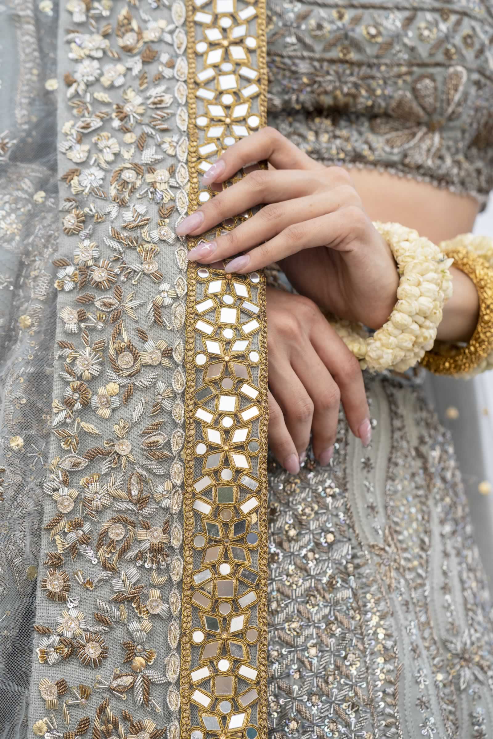 Pakistani Blush-Blue Lucknowi Chikan Kari Silk-Blend Lehenga Choli (3-Piece) - Image 5