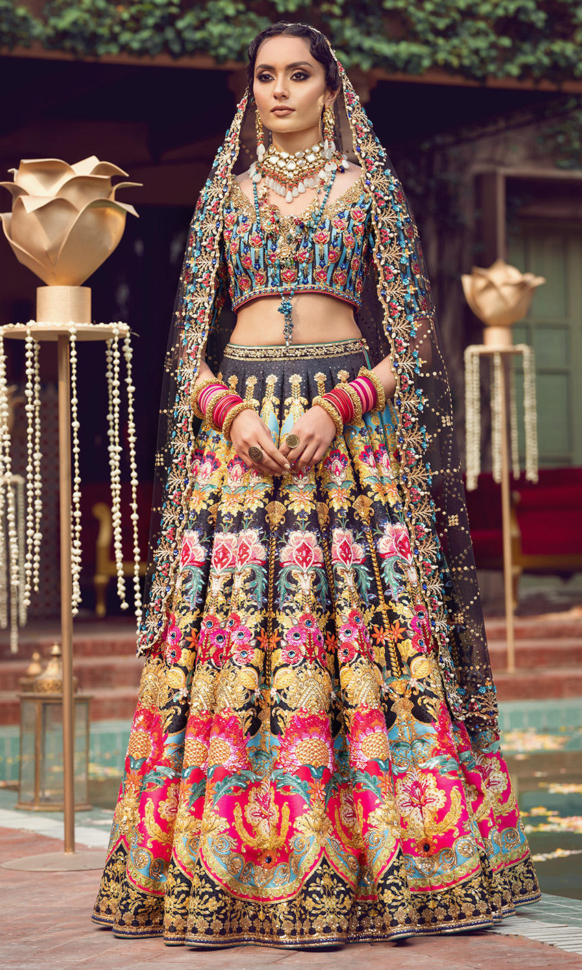 Pakistani Blue and Black Embroidered Silk-Blend Lehenga (3-Piece) - Image 1