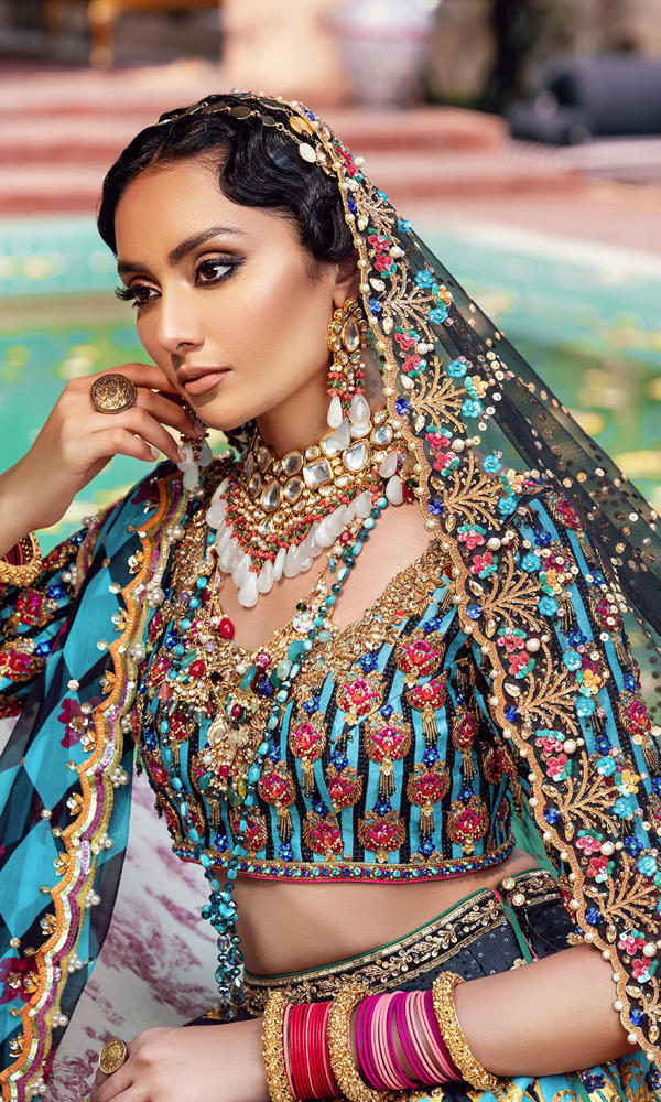 Pakistani Blue and Black Embroidered Silk-Blend Lehenga (3-Piece) - Image 10