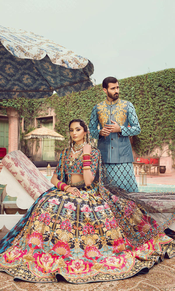 Pakistani Blue and Black Embroidered Silk-Blend Lehenga (3-Piece) - Image 12