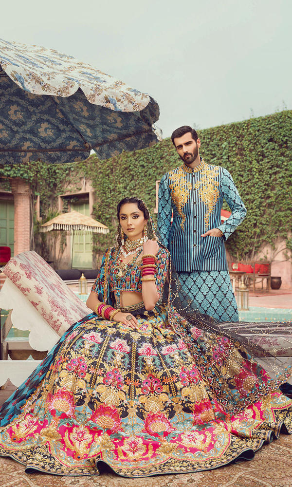 Pakistani Blue and Black Embroidered Silk-Blend Lehenga (3-Piece) - Image 13