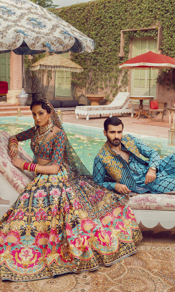 Pakistani Blue and Black Embroidered Silk-Blend Lehenga (3-Piece) - Image 14