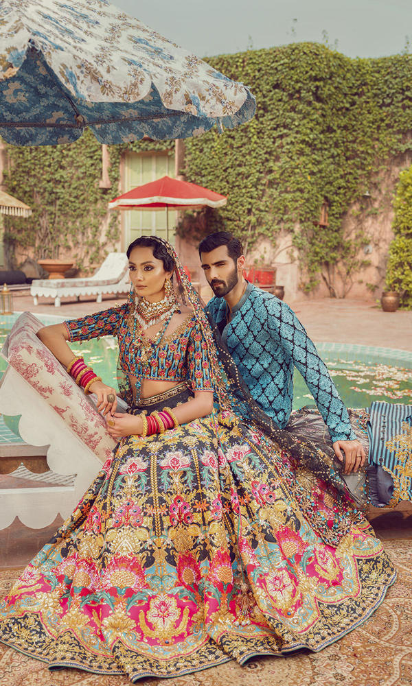 Pakistani Blue and Black Embroidered Silk-Blend Lehenga (3-Piece) - Image 16